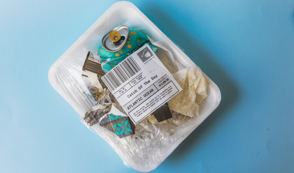 A styrofoam food pack from a grocery store, which usually contains meat or fish, is filled with plastic pollution found in the Ocean: a discarded can of soda snack wrappers, tissues, and plastic packaging. A label on the front reads: Catch of the Day. Atlantic Ocean. In this article, Ocean Generation shares the history of plastic pollution.