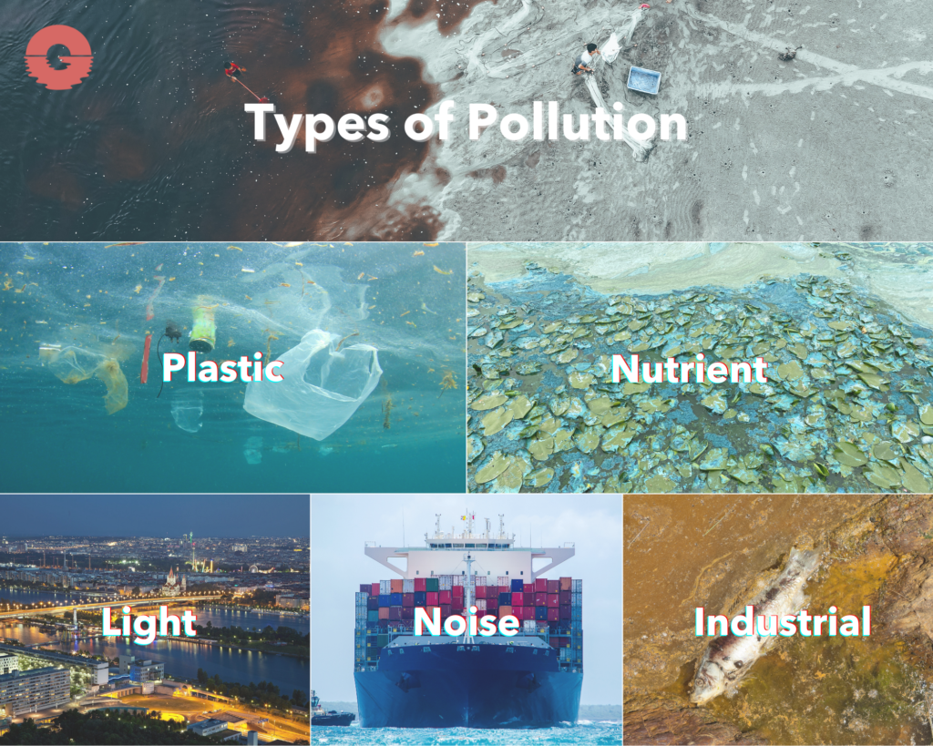 Types of Ocean pollution: Plastic pollution, nutrient pollution, light, noise and industrial pollution. Ocean Generation is breaking down the kinds of pollution that impact our Ocean.