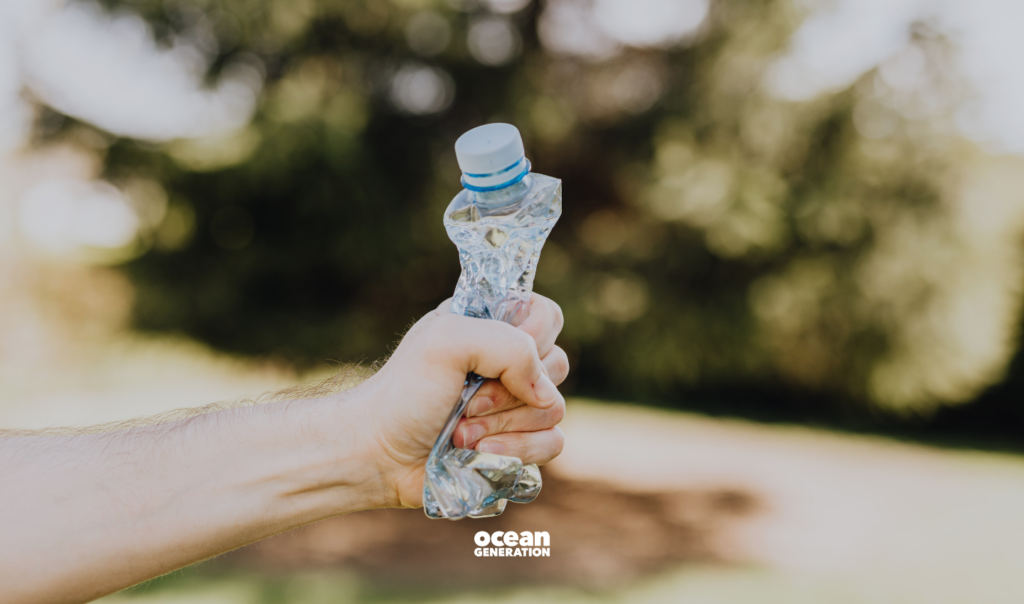 Does a plastic bottle take 450 years to breakdown? No. This is a plastic pollution myth. A hand, crumpling a plastic bottle is visible. Ocean Generation is sharing the facts behind this widely believed myth. 