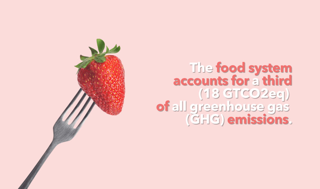 A strawberry on a fork along with the words: The food system accounts for a third of all greenhouse gas emissions. Shared by Ocean Generation.