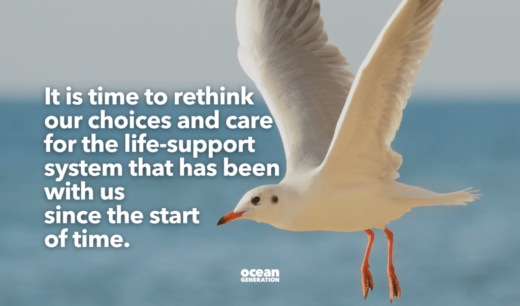 Quote shared by Zayna - an Ocean generation Wavemaker. It says: It is time to rethink our choices and care for the life-support system that has been with us since the start of time.
Zayna is talking about the Ocean. On the image is a seagull against the backdrop of the Ocean.