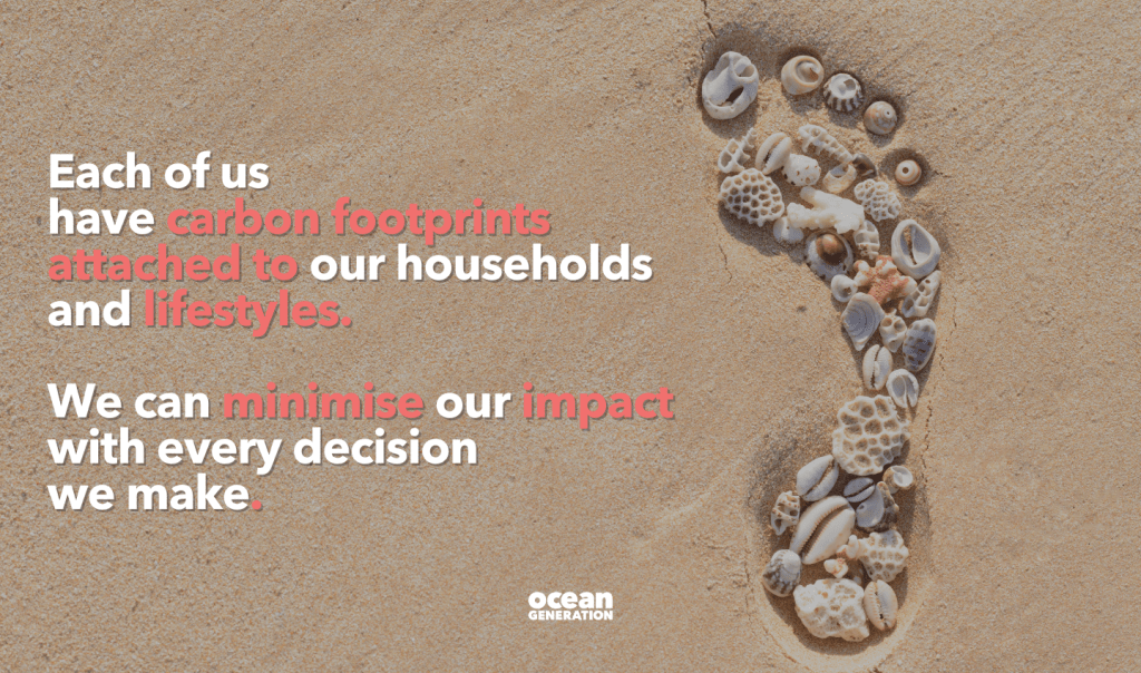 Footprint made of sea shells on the sand at a beach. Each of us has carbon footprints attached to our households and lifestyles. We can minimise our impact with every decision we make. 