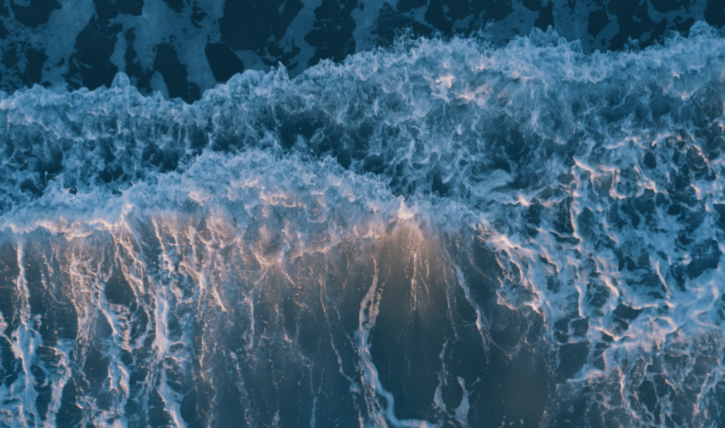 15 simple actions you can take to fight climate change and protect the Ocean, shared by Ocean Generation. Dark blue, foamy wave washing onto a beach.