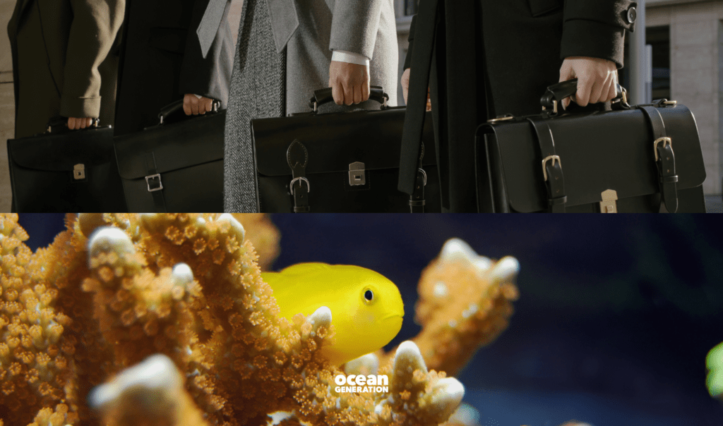 The image is cut horizontally down the middle. The top image is four men and woman dressed for work in suits and coats, holding briefcases. The bottom image is of a bright yellow fish in an organge coral in the sea. Shared by Ocean Generation.