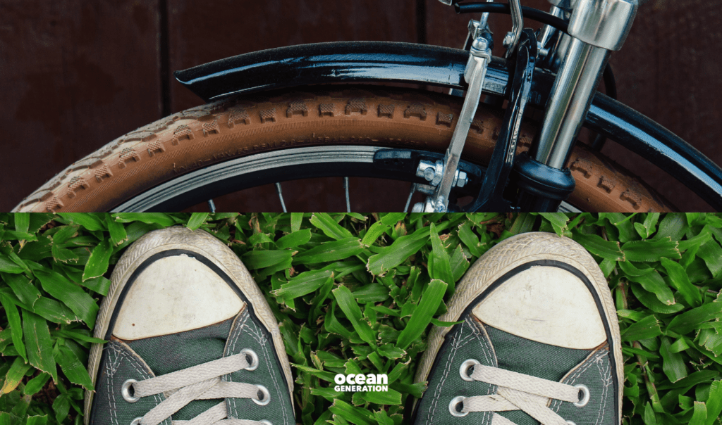 Image split in half horizontally. On the top half of the image is a close up of a bicycle wheel. On the bottom half, a pair of green sneakers on some lush grass. Image shared by Ocean Generation in an article discussing how the ways we travel impacts our planet's health.