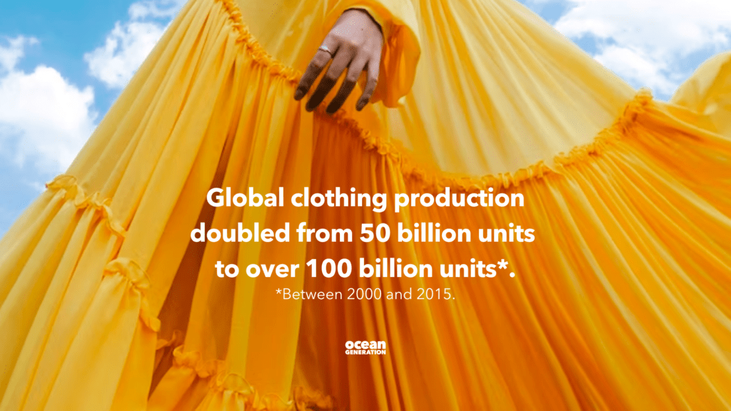 Global clothing production doubled from 50 billion units to over 100 billion units between 2000 and 2015. Fast fashion facts shared by Ocean Generation.
