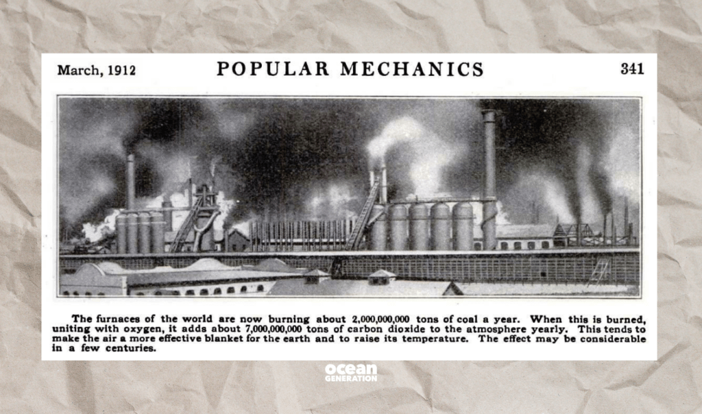 Snapshot of a caption that appeared in the March 1912 publication of ‘Popular Mechanics’, directly linking burning coal and global temperature change.