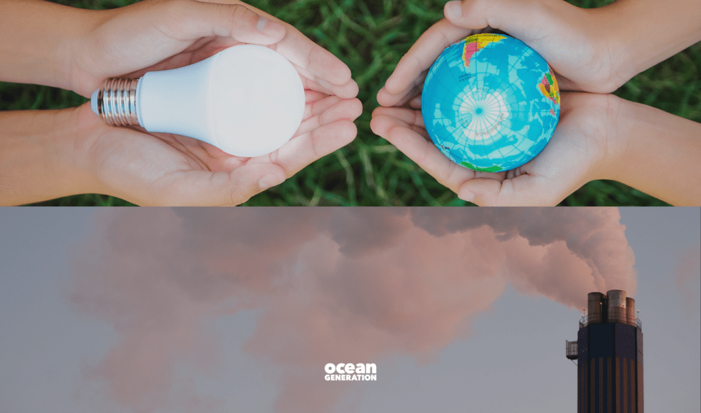 Ocean Generation is sharing the history of climate change. In this image, which is horizontally split in two, two sets of hands hold symbols of the modern world: a light bulb and a globe of Earth. The bottom image is of smoke rising from a factory, symbolising the connection between burning fossil fuels and the modern world.