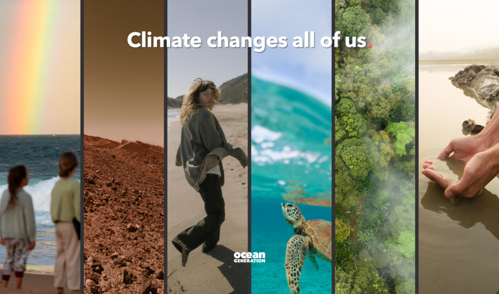6 images in a grid presenting various environments on Earth and how climate change impacts us all. Image 1: Two children look out at the Ocean; a rainbow is over the Ocean. Image 2: A dry planet with rocks/ Image 3: A young woman in a business suit running along the beach. Image 4: A green turtle raising its head to the Ocean's waterline. Image 5: An aerial photo of trees; mist is rolling in. Image 6: Hands of a person reaching into dirty drinking water. Text on the image reads climate changes us all.