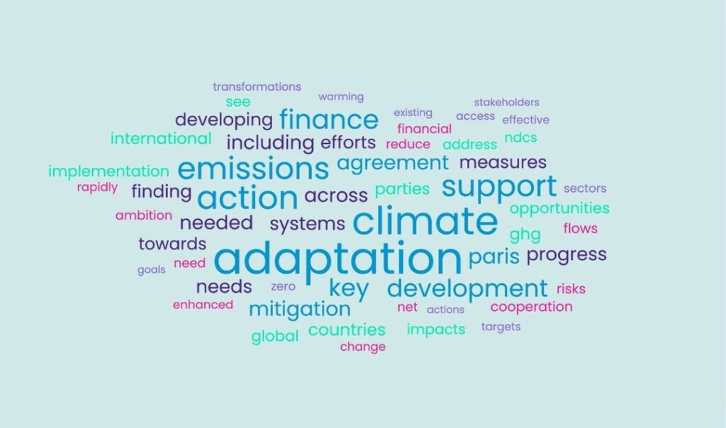 Word cloud of all 17 of the findings from the global stocktake: our planet's first assessment - country by country - of the progress we're making in the face of climate change; created by Ocean Generation.