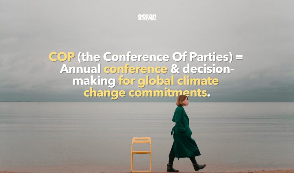 What is COP? The Conference of Parties is the annual conference and decision-making body for global climate change commitments. Definition of COP on an image of a woman with short hair, walking away from a singular yellow chair on a beach. Shared by Ocean generation in an article about COP28 expectations.