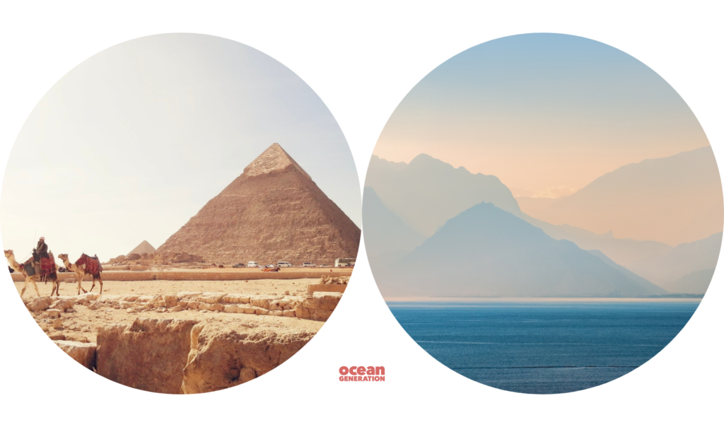 Two circle images beside each other: One of the pyramids in Egypt and another of a calm Ocean scene. Ocean Generation is sharing why the Ocean is so important in this article.