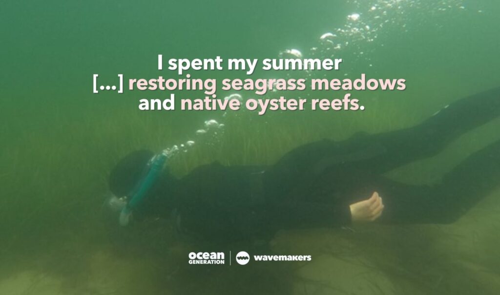 Woman diving into the Ocean shared by Ocean Generation in a Wavemaker Story. There's a quote that reads: I spent my summer [...] restoring seagrass meadows and native oyster reefs. Photo by Sophie Coxton.