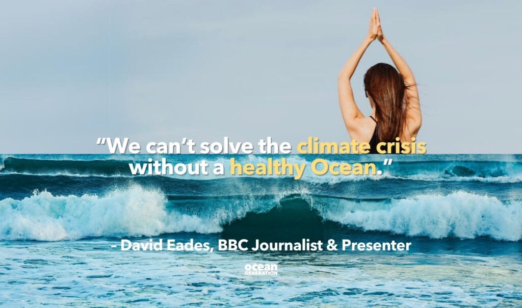 Image of a woman and the Ocean. We cant solve the climate crisis without a healthy Ocean says David Eades, BBC Journalist and presenter. Shared by Ocean Generation: Experts in Ocean health and Ocean conservation.