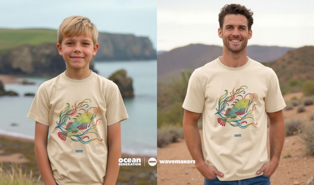 Rainbow anglerfish design on sustainable apparel, by Jane Chang.